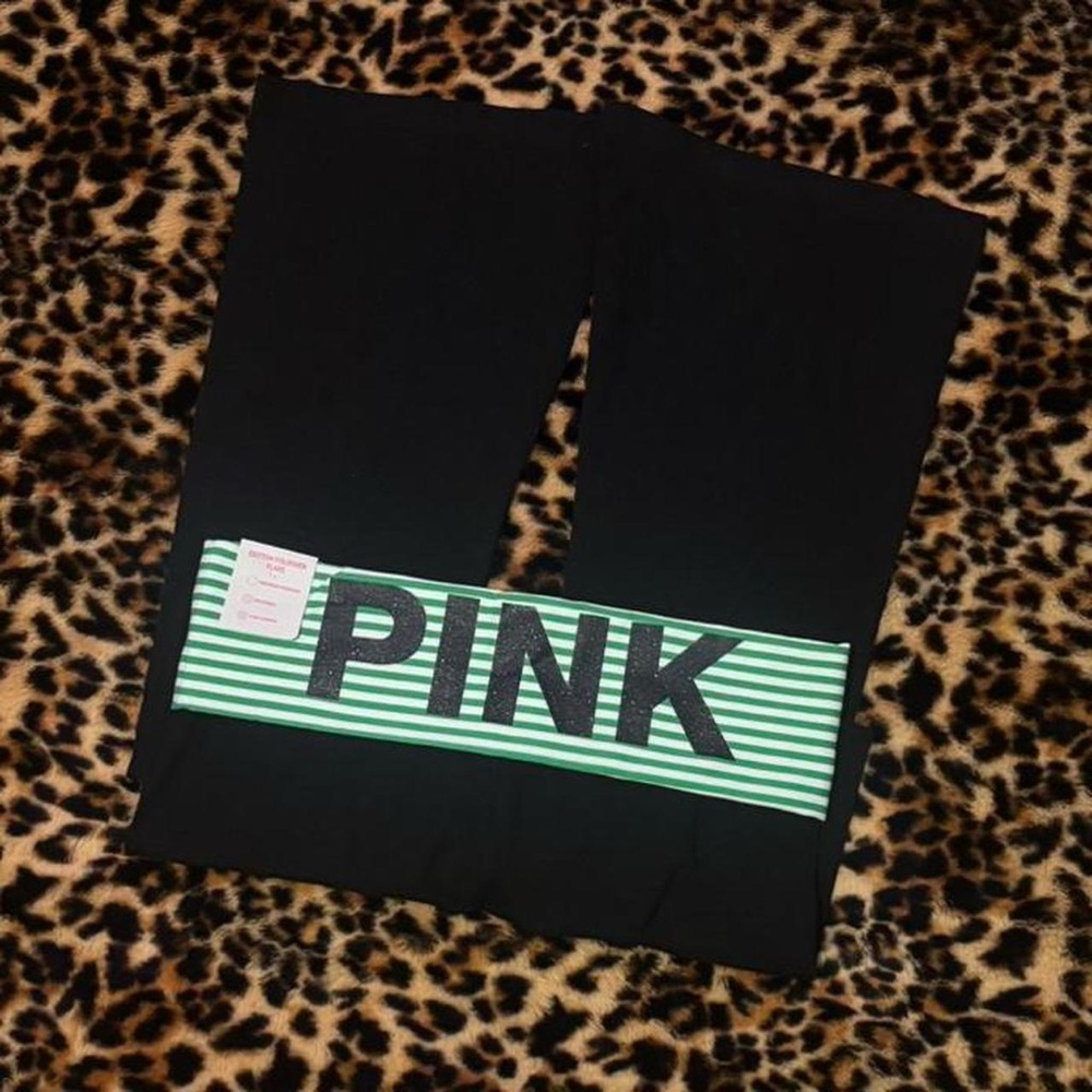 PINK Victoria's Secret Black and Green striped fold over Leggings - Picture 4 of 5